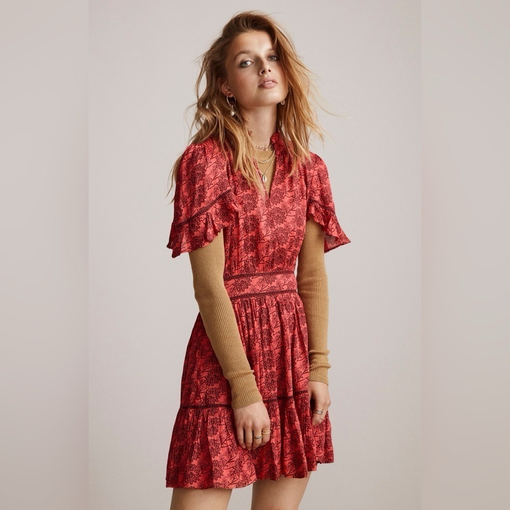 Scotch & Soda Red Floral Print Dress Tiered Ruffle Flutter Sleeve Size S